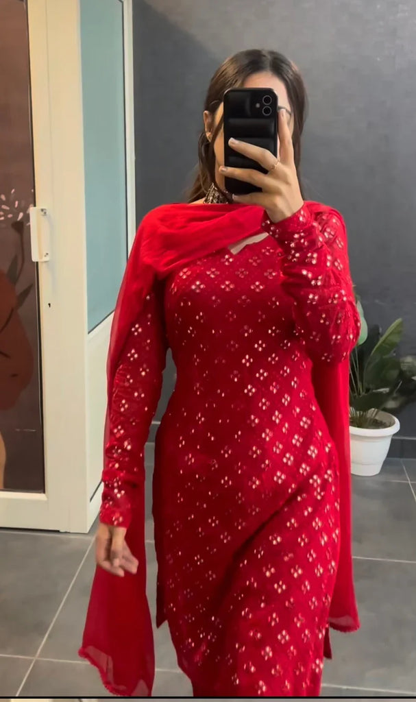 Women's Elegant Red Mirror-Work Kurta Set with Dupatta