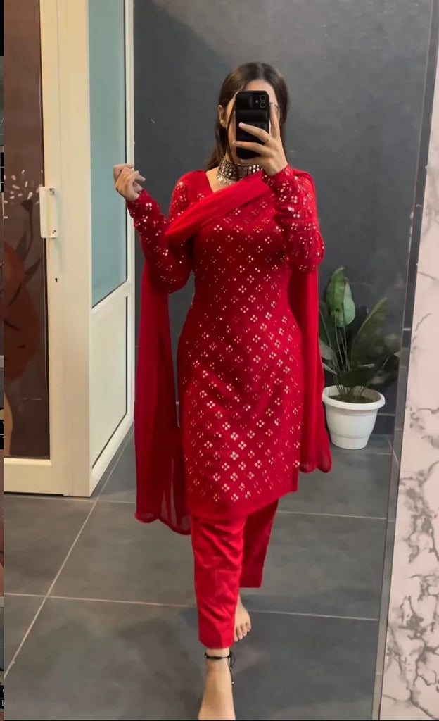 Women's Elegant Red Mirror-Work Kurta Set with Dupatta