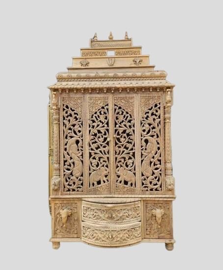 Handcarved Teakwood Temple Mandir, Customizable Home Pooja Cabinet