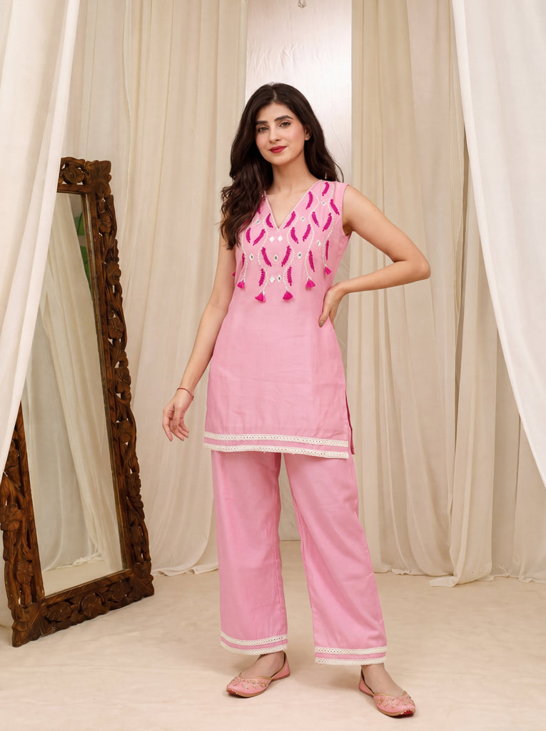Women's Pink Roman Silk Mirror & Tassel Embroidered Kurti Co-Ord Set