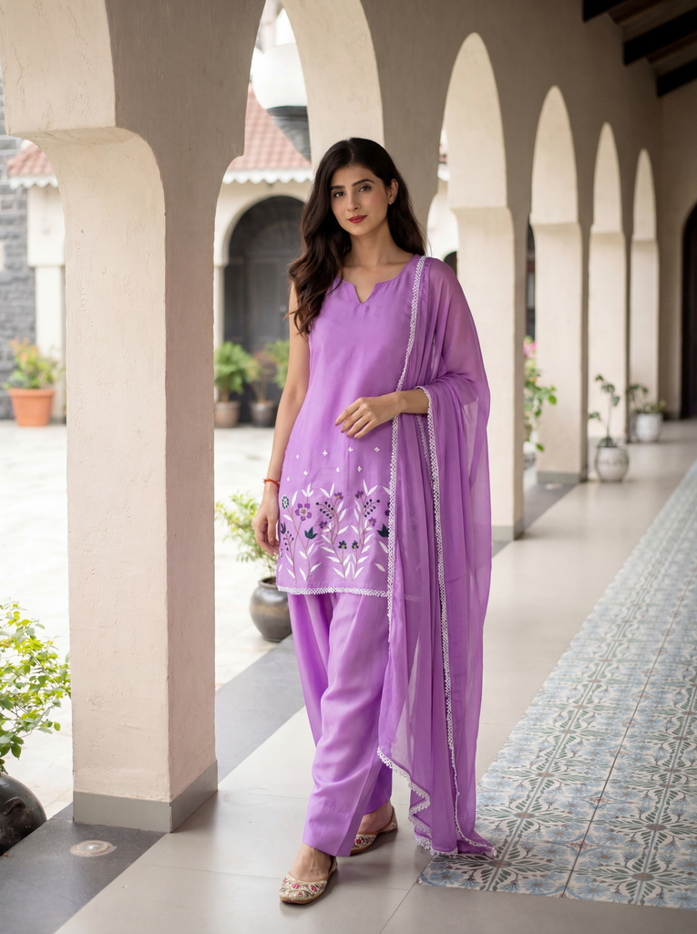 Women's Lavender Pure Muslin Floral Embroidered Kurta Set