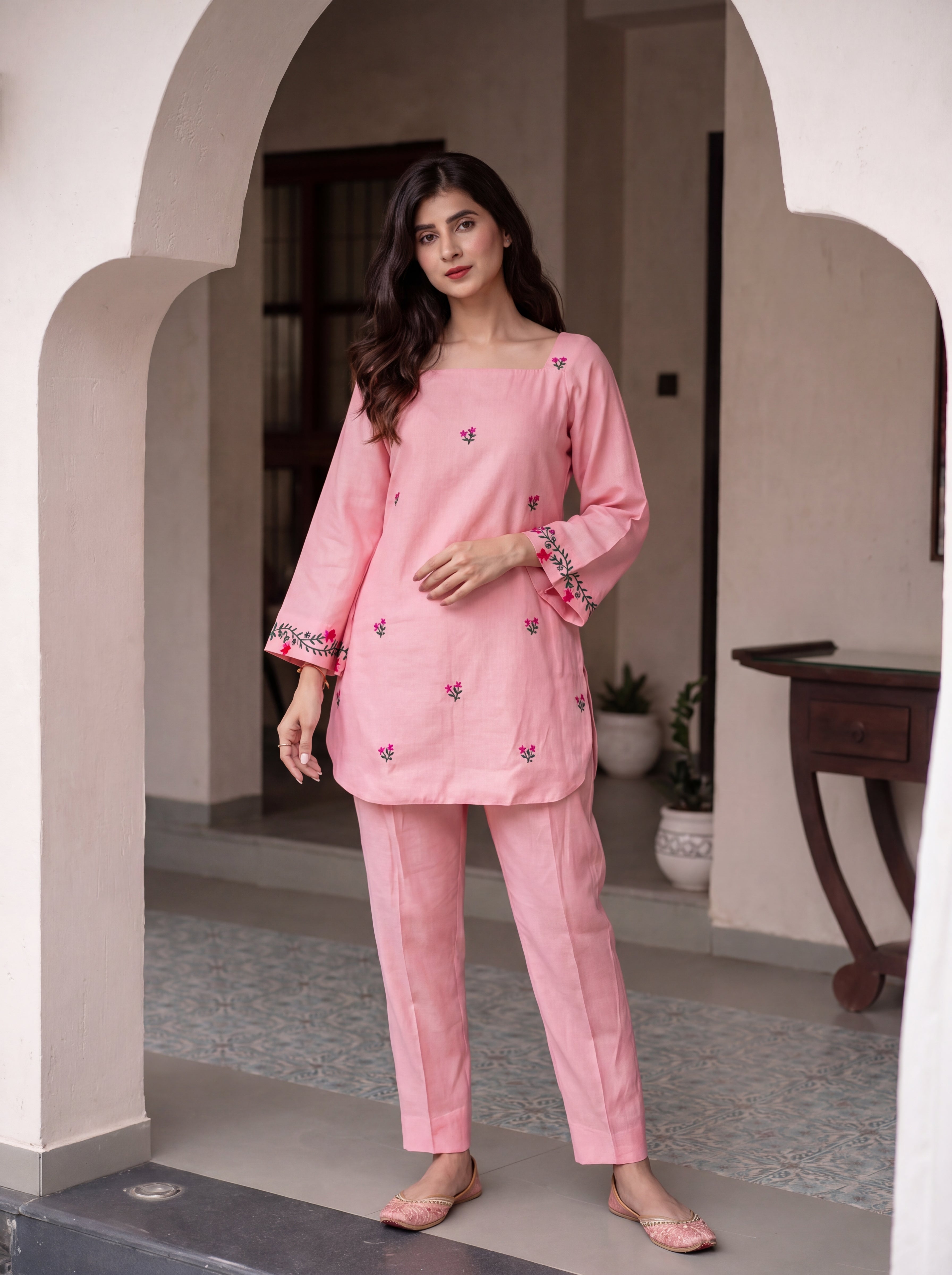 Women's Pink Roman Silk Floral Embroidered Kurti with Pant