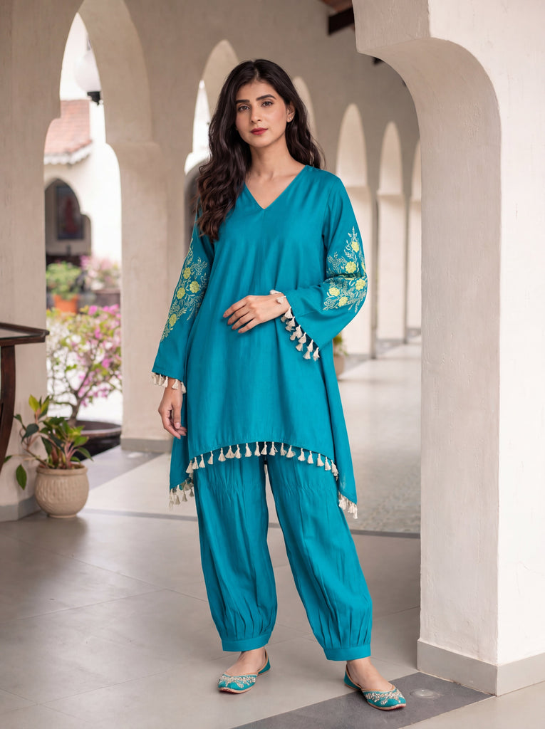 Women's Teal Blue Pure Muslin Floral Embroidered Sleeve Co-Ord Set