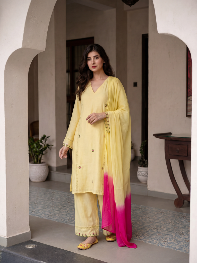 Women's Butter Yellow Roman Silk Floral Embroidered Kurta Set with Ombre Dupatta