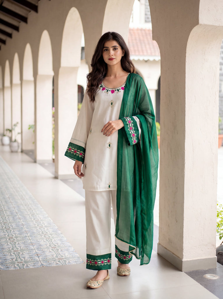 Women's White Roman Silk Embroidered Kurta Set