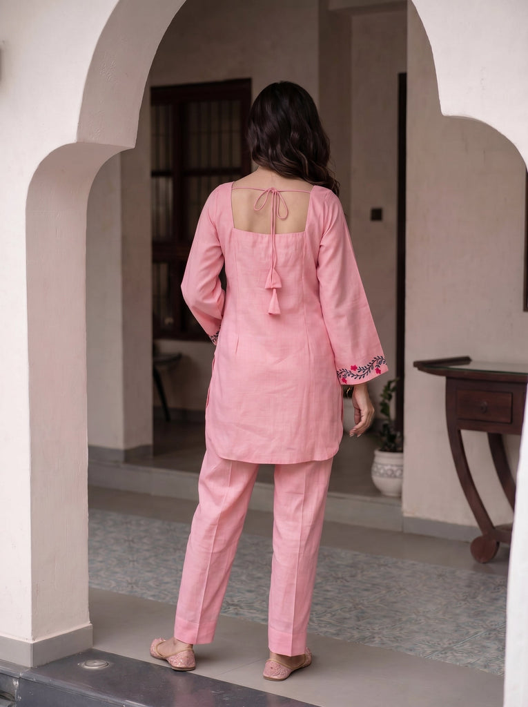 Women's Pink Roman Silk Floral Embroidered Kurti with Pant