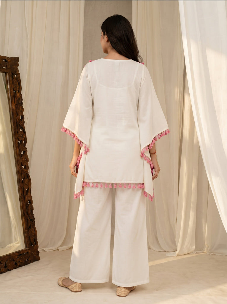 Women's White Roman Silk Embroidered Kaftan Set