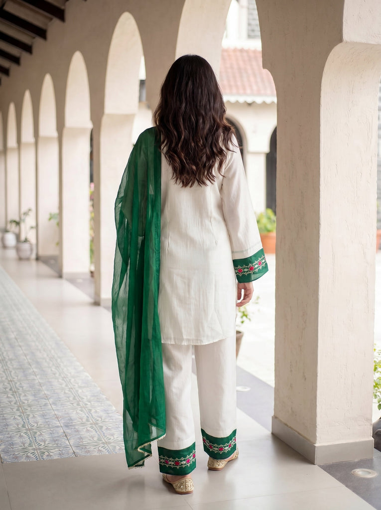 Women's White Roman Silk Embroidered Kurta Set