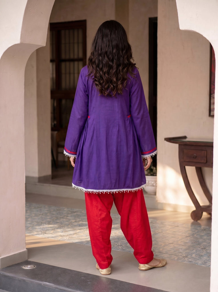 Women's Purple Pure Muslin Floral Embroidered Kurti with Salwar