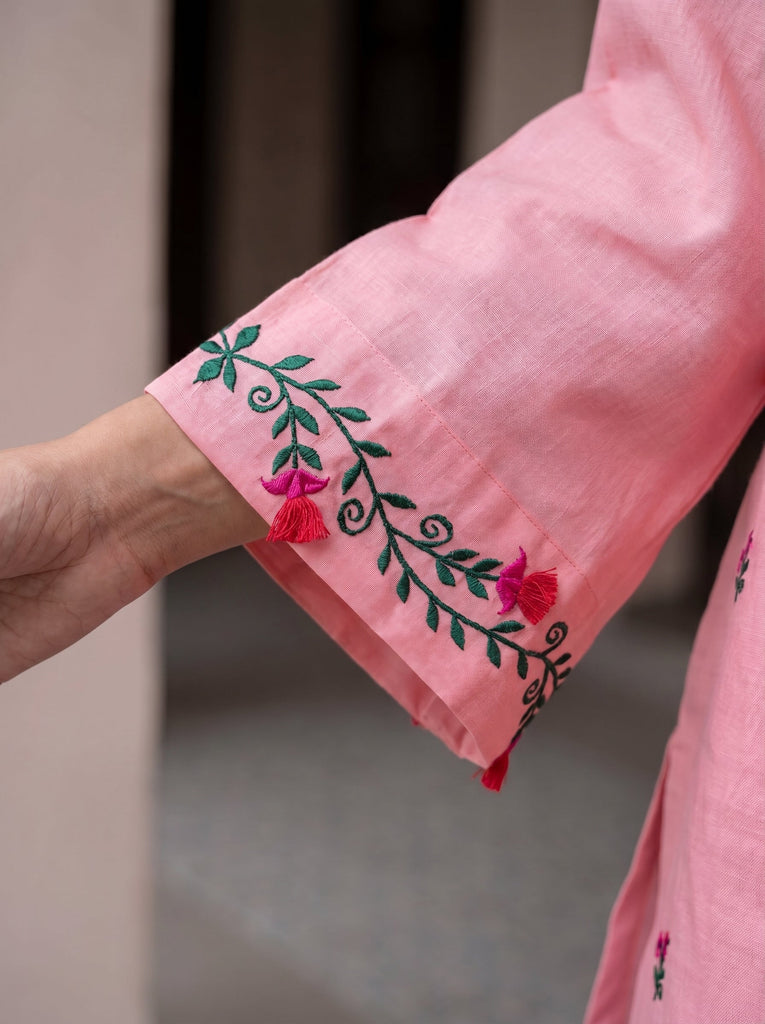 Women's Pink Roman Silk Floral Embroidered Kurti with Pant