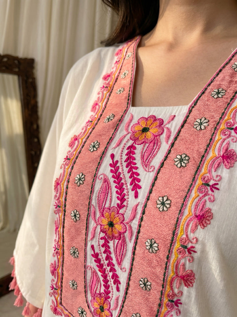 Women's White Roman Silk Embroidered Kaftan Set