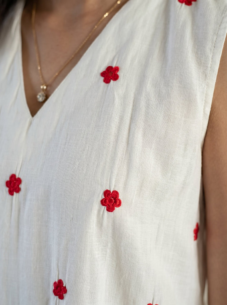 Women's White Roman Silk Floral Embroidered Kurti with Pant