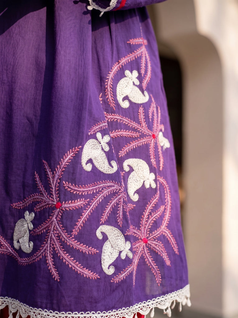 Women's Purple Pure Muslin Floral Embroidered Kurti with Salwar