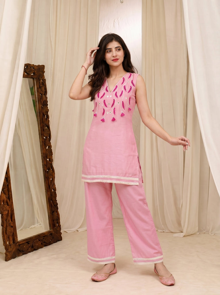 Women's Pink Roman Silk Mirror & Tassel Embroidered Kurti Co-Ord Set