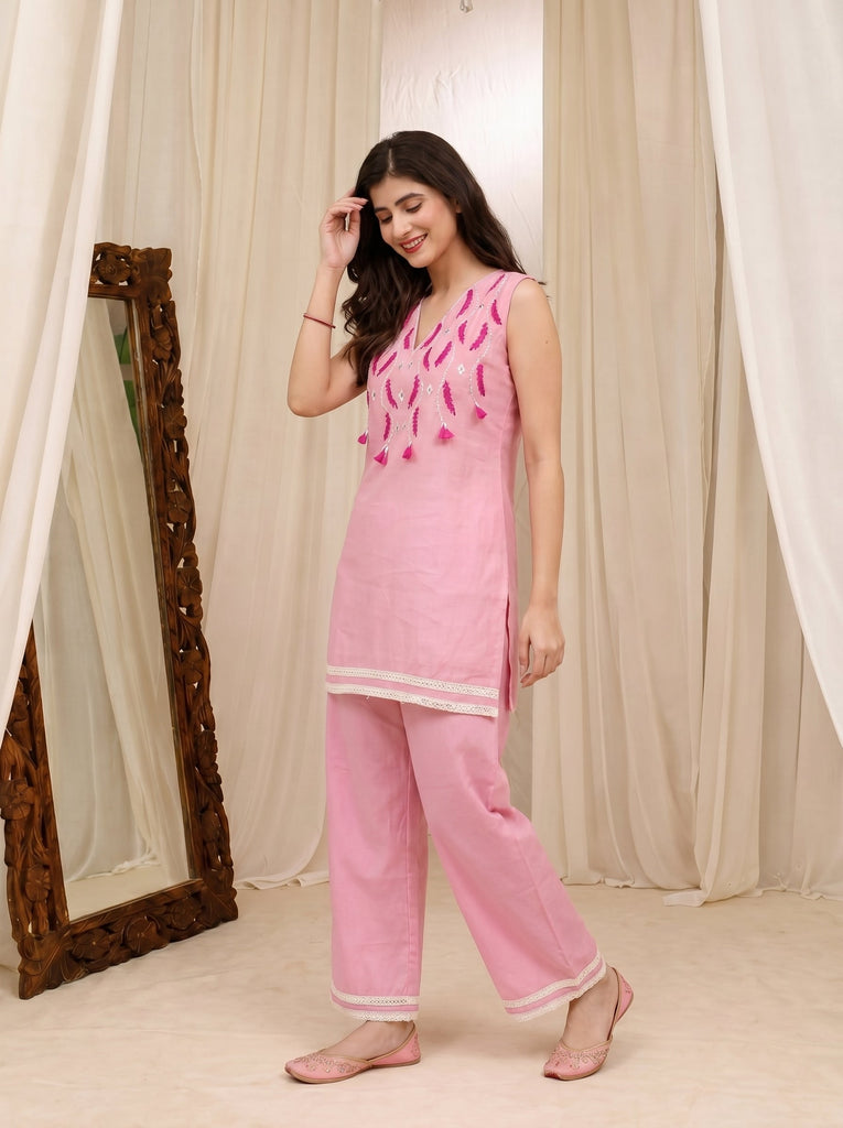 Women's Pink Roman Silk Mirror & Tassel Embroidered Kurti Co-Ord Set