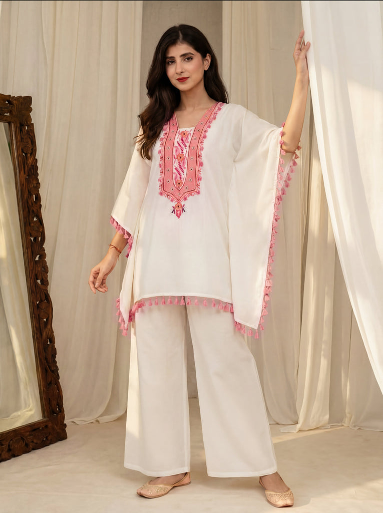 Women's White Roman Silk Embroidered Kaftan Set