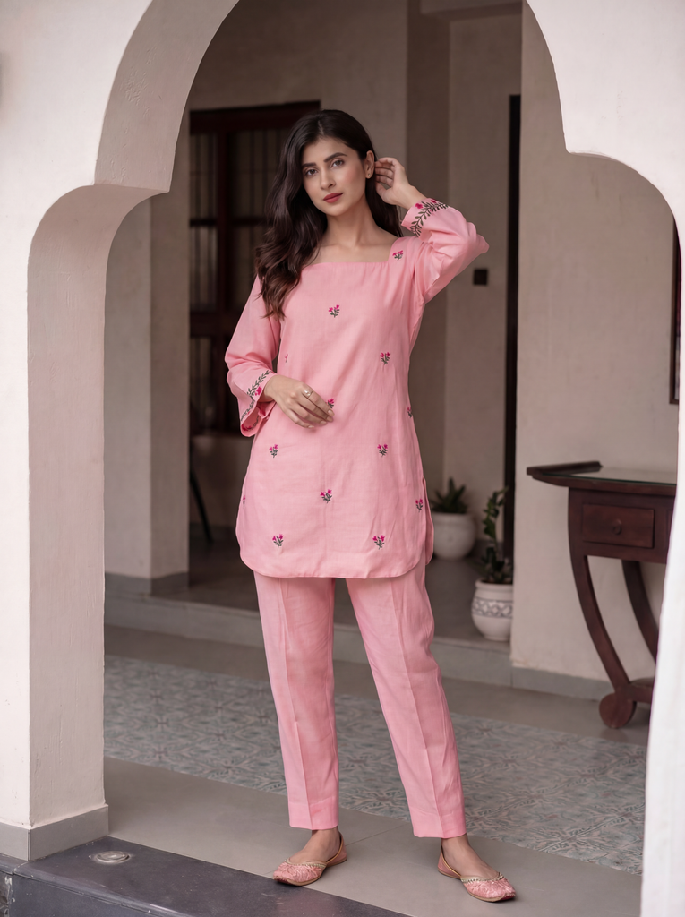Women's Pink Roman Silk Floral Embroidered Kurti with Pant