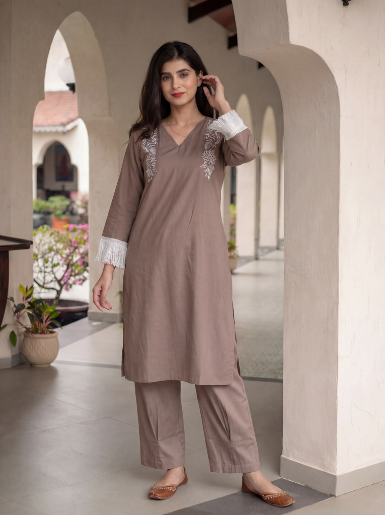 Women's Mocha Brown Roman Silk Floral Embroidered Co-Ord Set