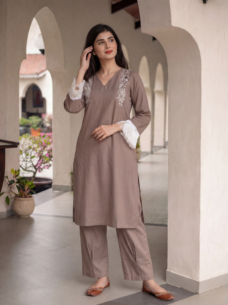 Women's Mocha Brown Roman Silk Floral Embroidered Co-Ord Set