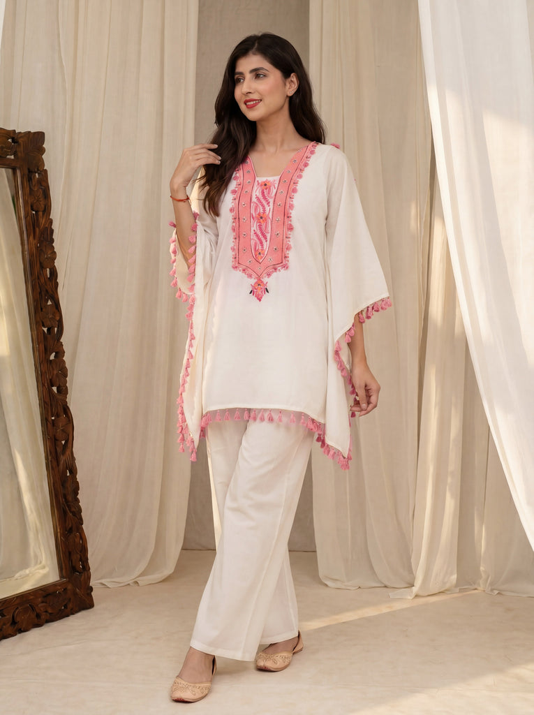 Women's White Roman Silk Embroidered Kaftan Set