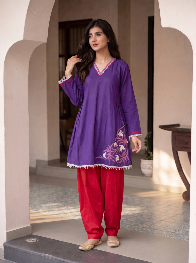 Women's Purple Pure Muslin Floral Embroidered Kurti with Salwar