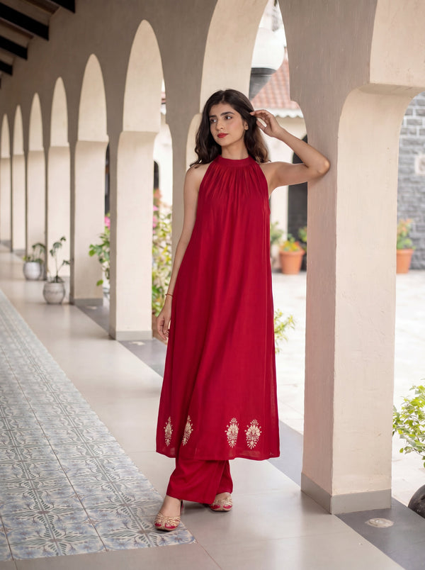 Women's Maroon Roman Silk Floral Embroidered Halter Neck Co-Ord Set