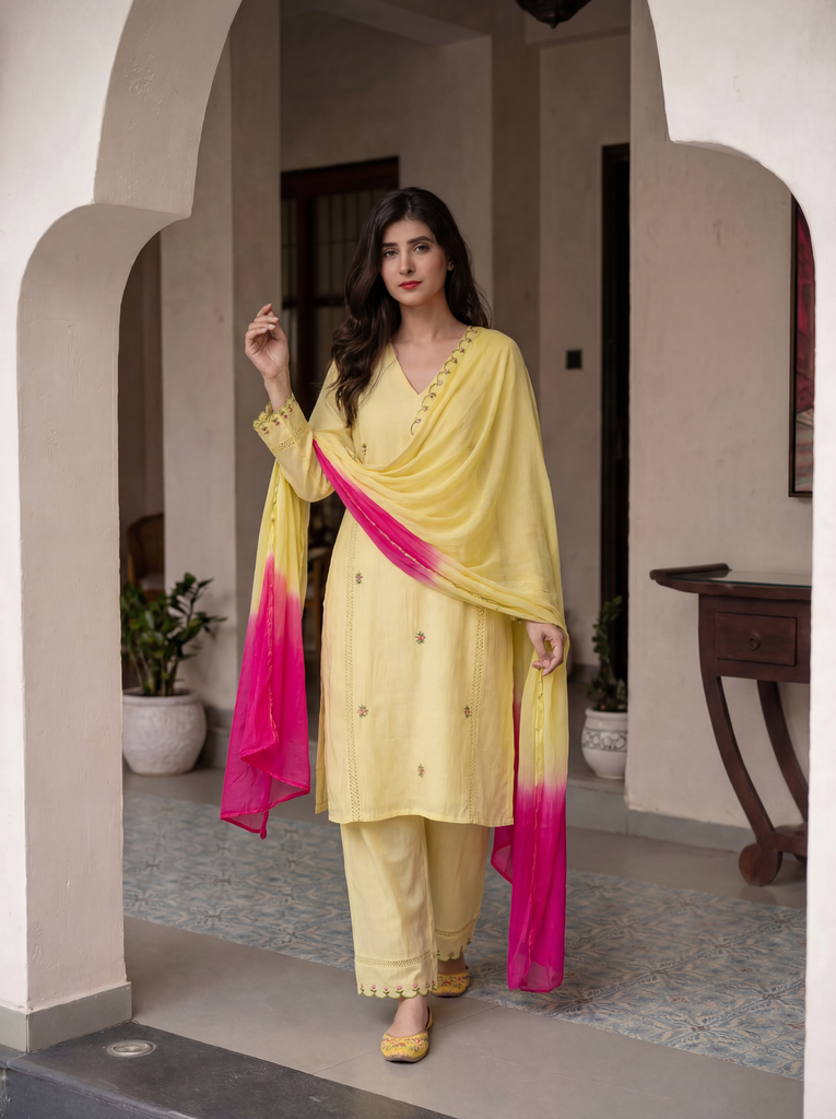 Women's Butter Yellow Roman Silk Floral Embroidered Kurta Set with Ombre Dupatta