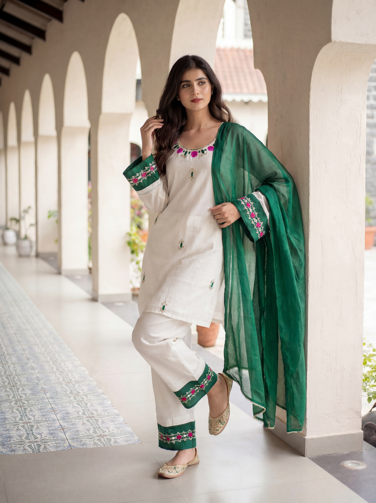 Women's White Roman Silk Embroidered Kurta Set