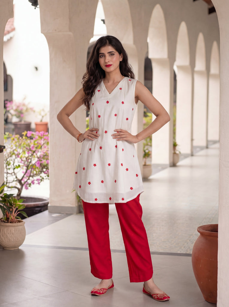 Women's White Roman Silk Floral Embroidered Kurti with Pant