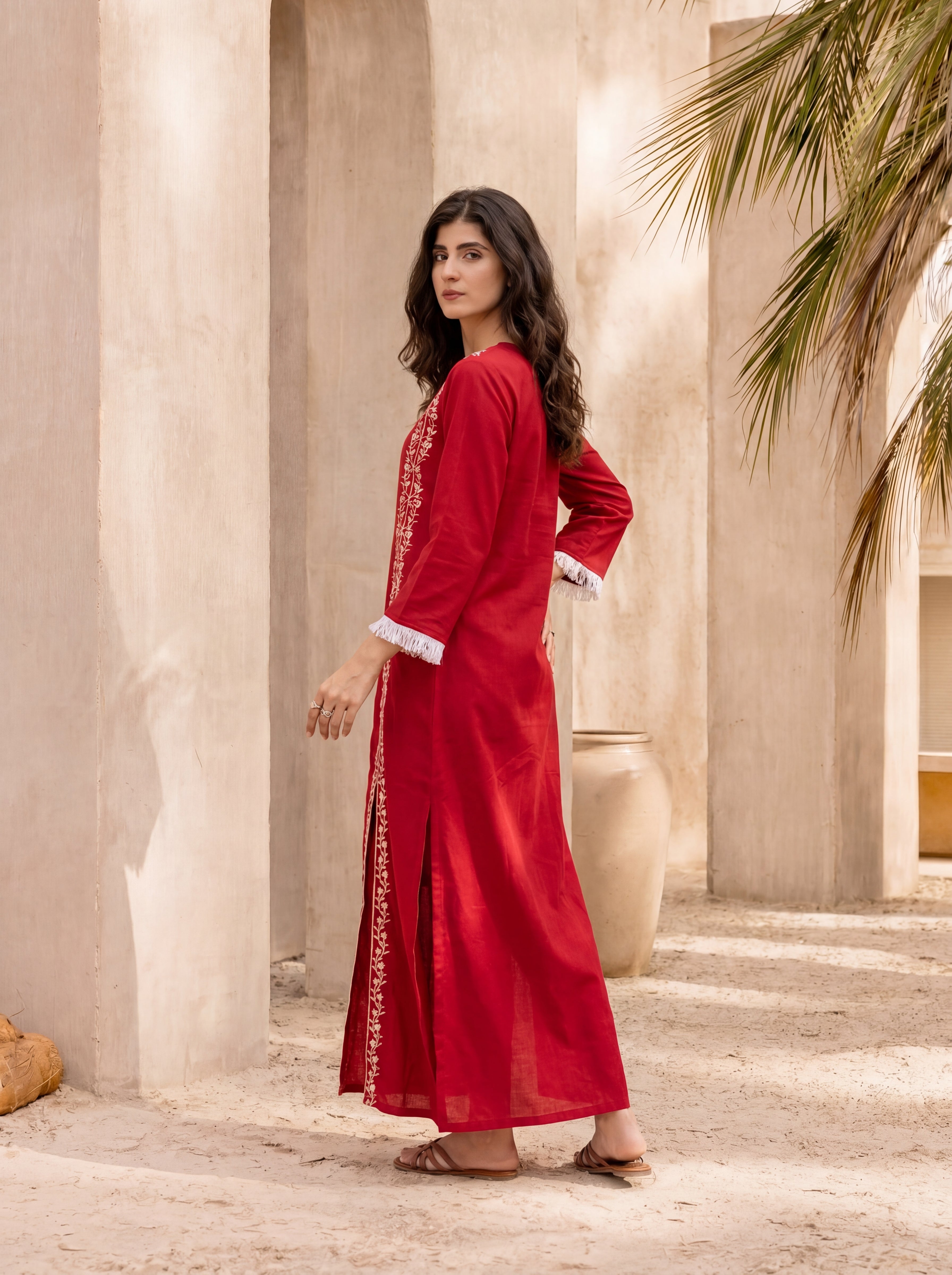 Red Long Slit Embroidered Dress XXL