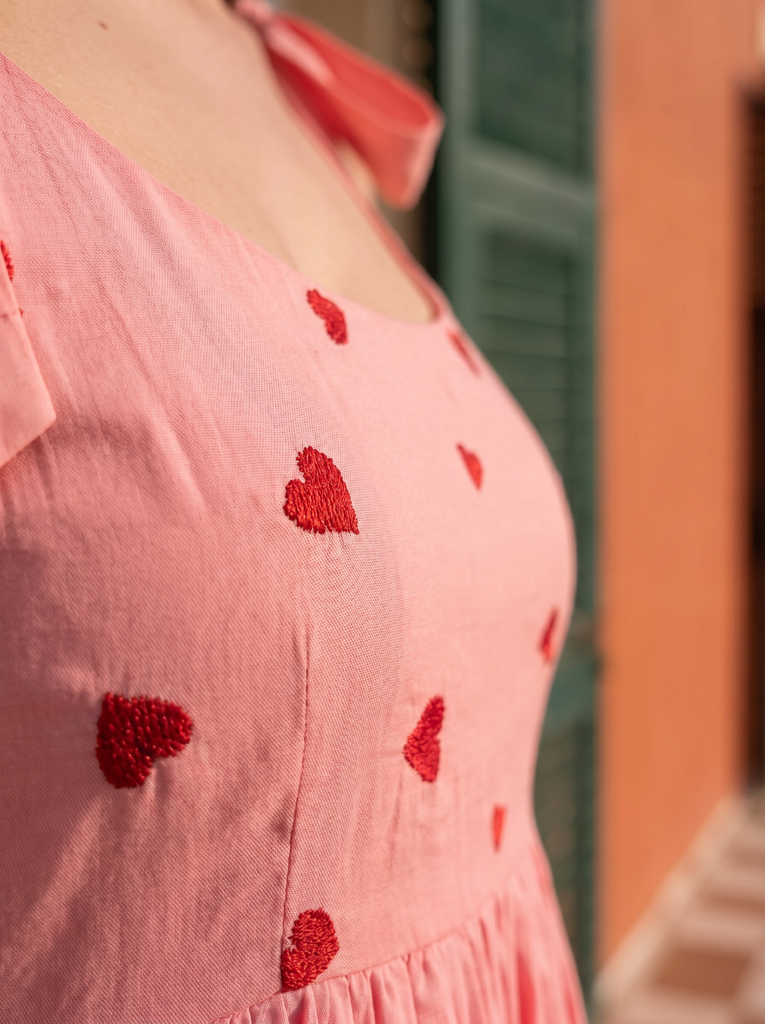 Women's Pink Roman Silk Heart Embroidered Tie-Up Mini Dress