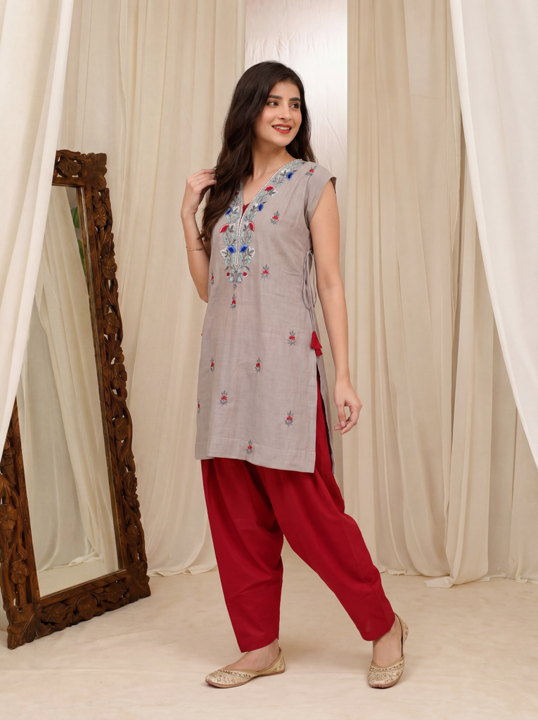 Women's Grey & Red Roman Silk Floral Embroidered Kurta with Patiala Set