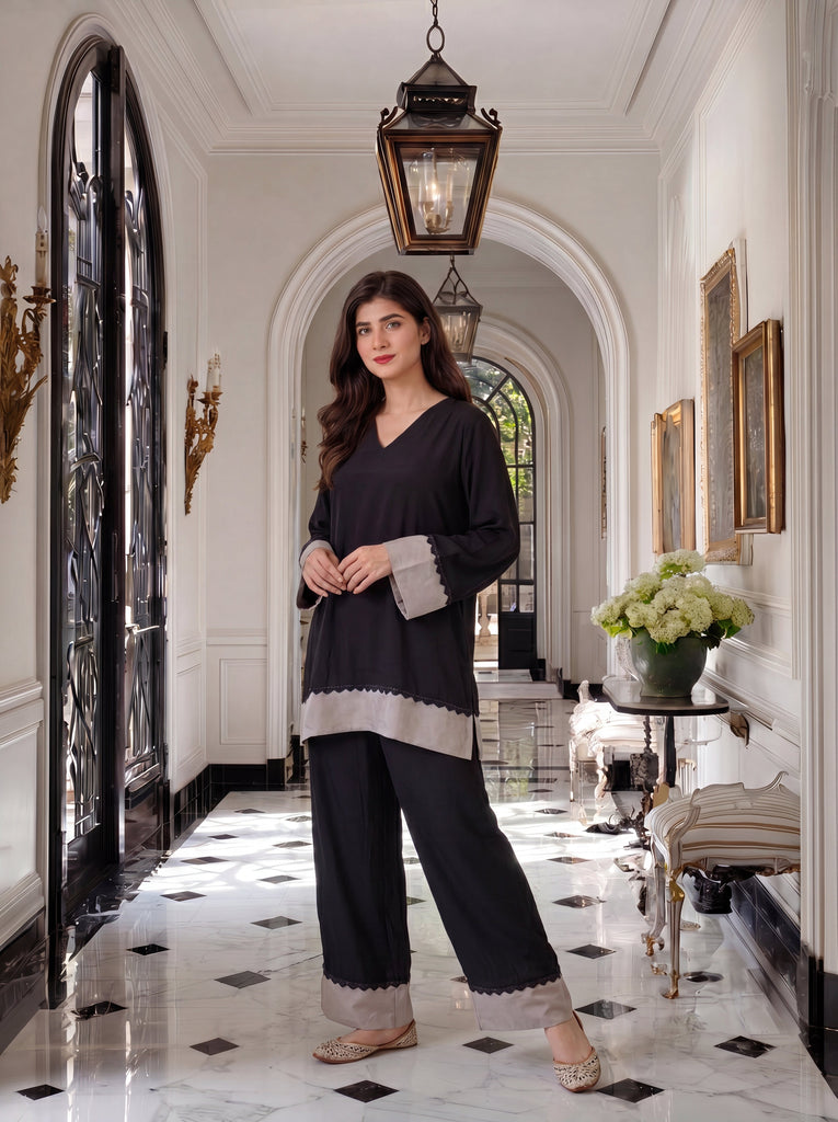 Women's Black & Grey Roman Silk Beaded Scallop Trim Co-Ord Set