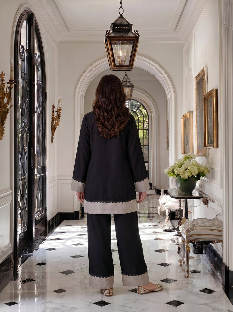 Women's Black & Grey Roman Silk Beaded Scallop Trim Co-Ord Set