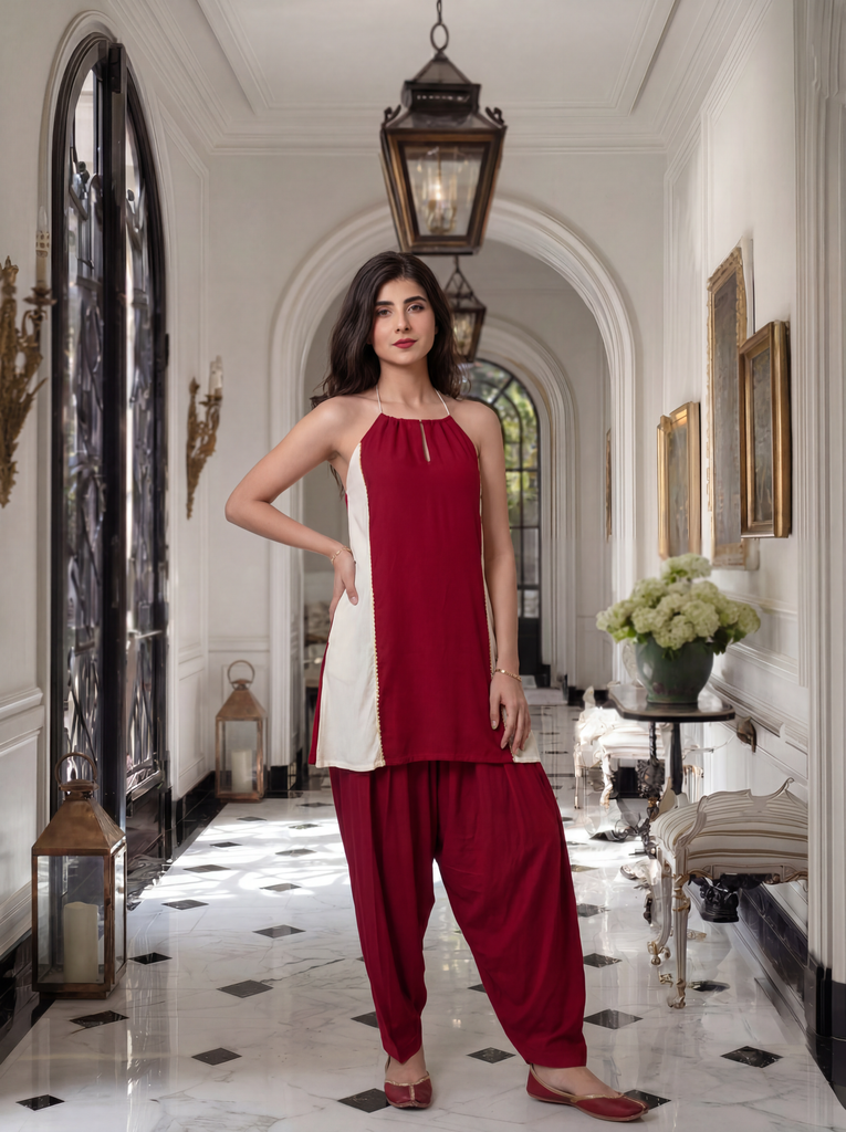 Women's Red & Cream Rayon Halter Neck Open Back Co-Ord Set