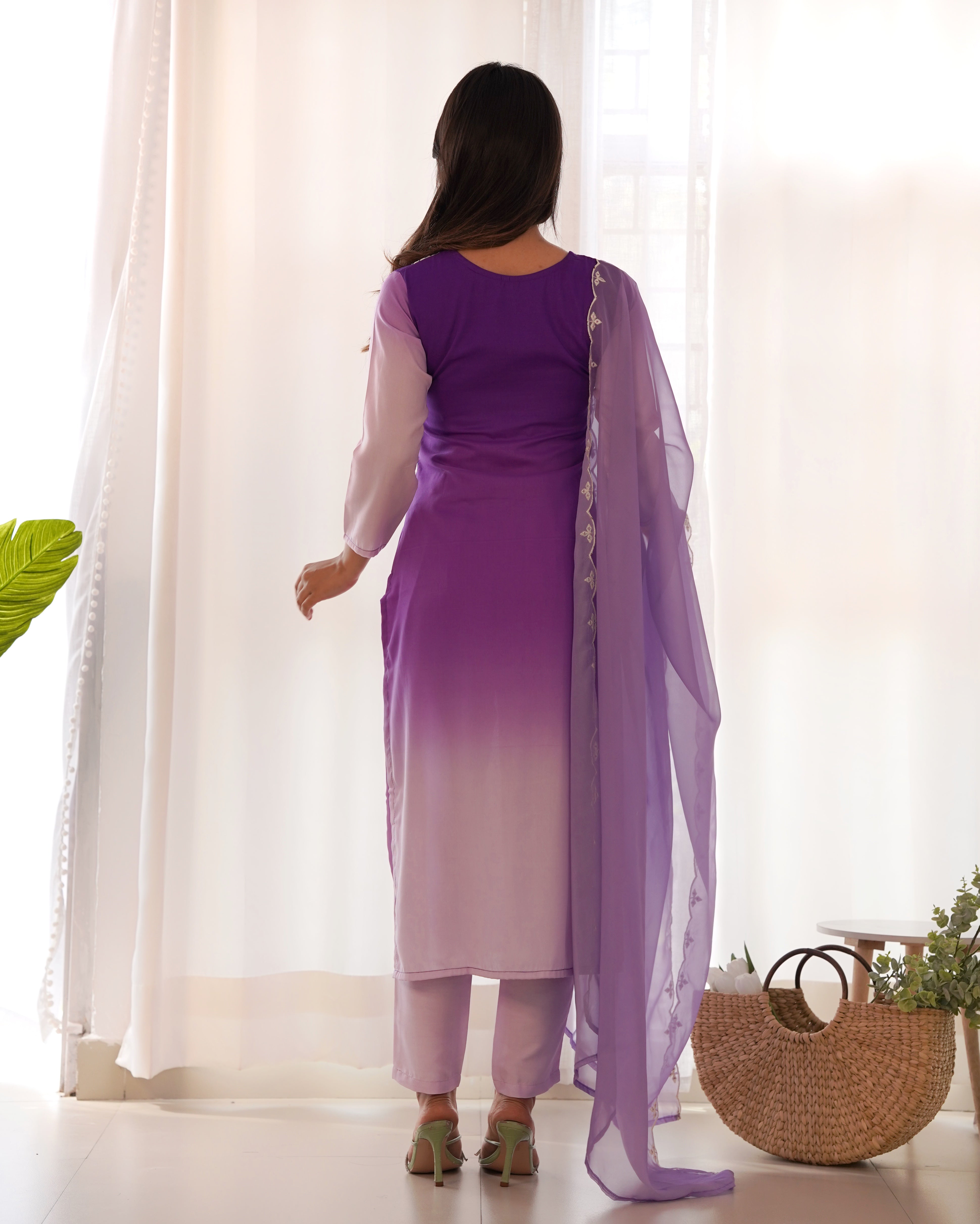 Women's V Neck Embroidered Work Rayon Fabric Kurta & Pant With Dupatta Set - Taantav