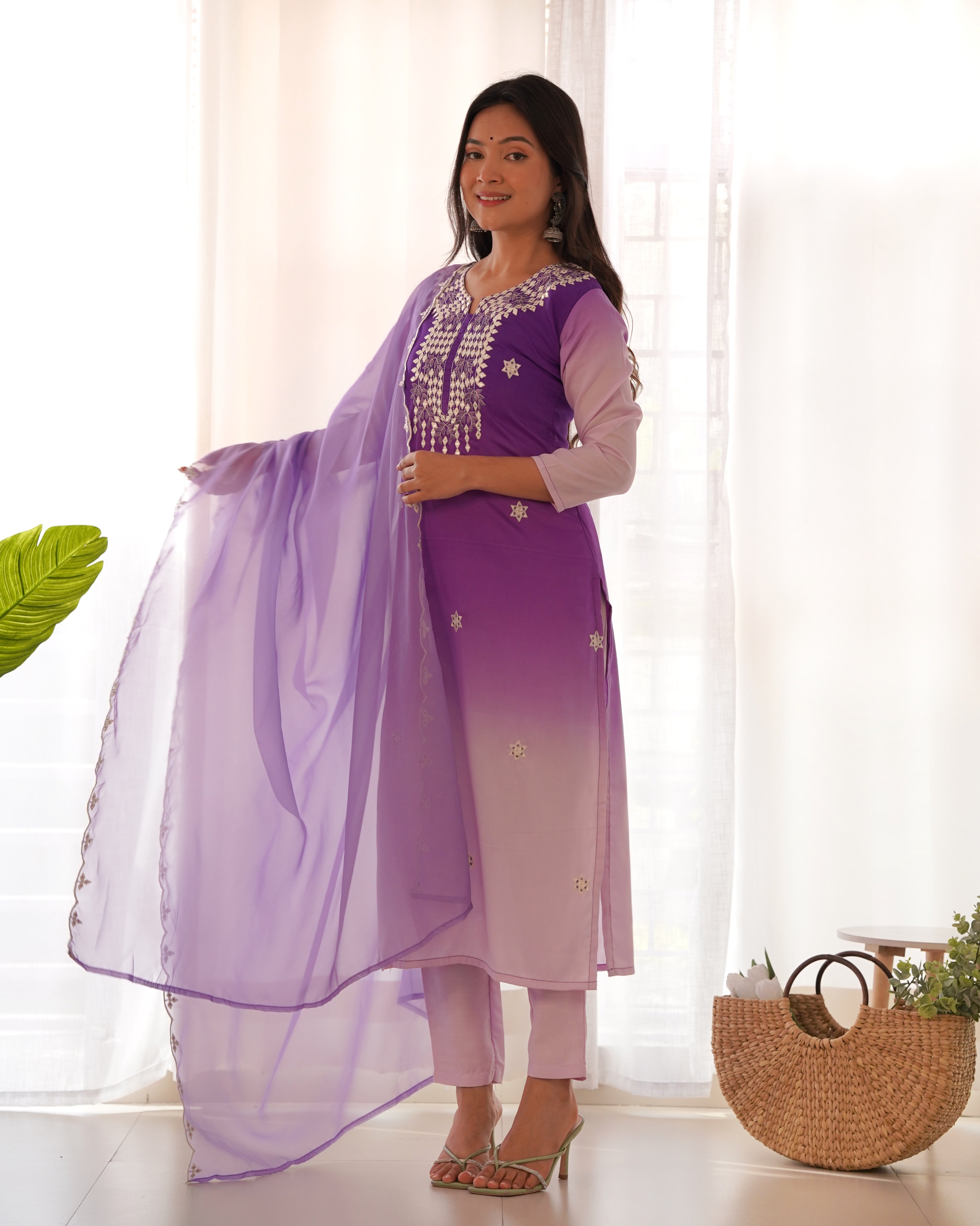 Women's V Neck Embroidered Work Rayon Fabric Kurta & Pant With Dupatta Set - Taantav