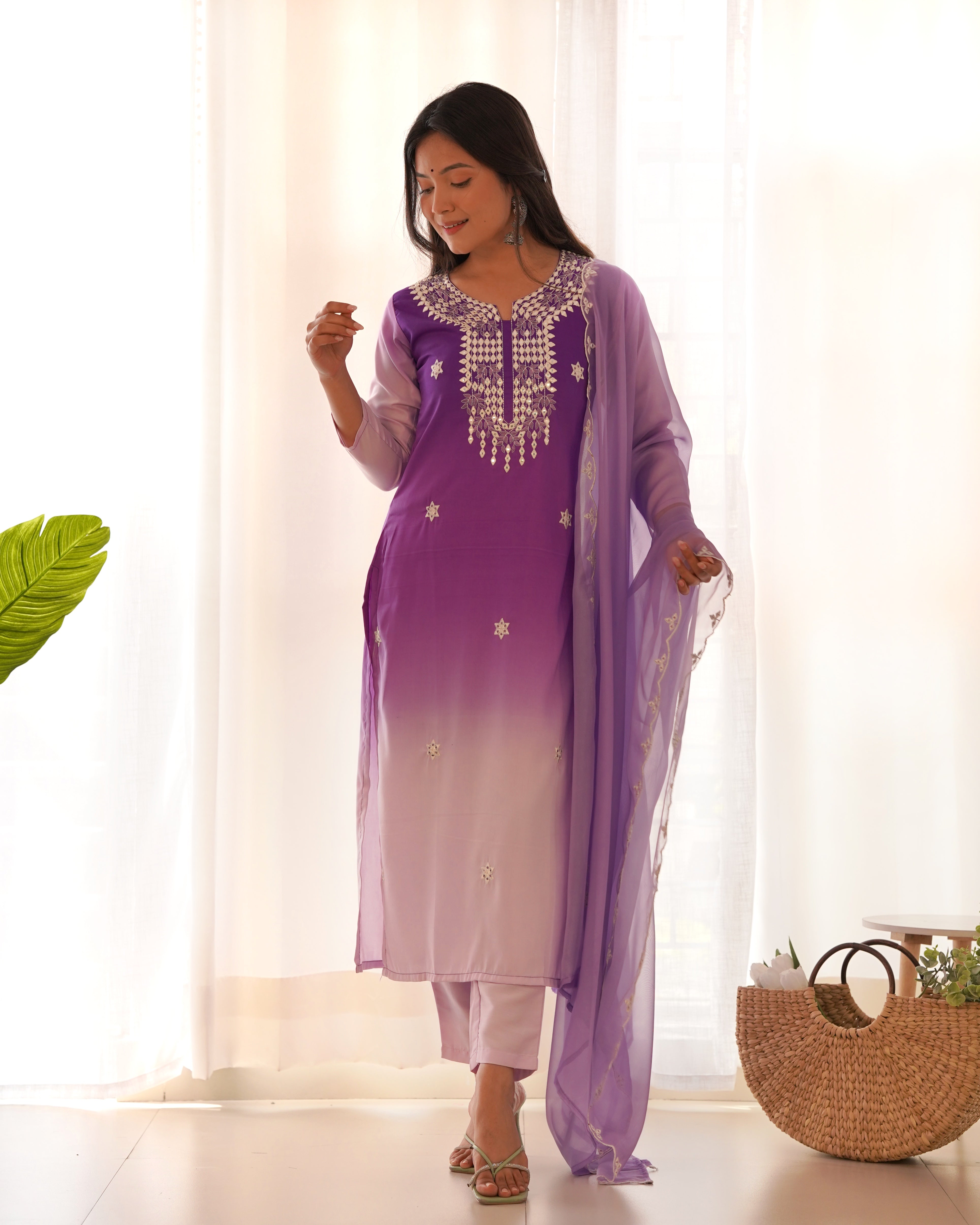 Women's V Neck Embroidered Work Rayon Fabric Kurta & Pant With Dupatta Set - Taantav