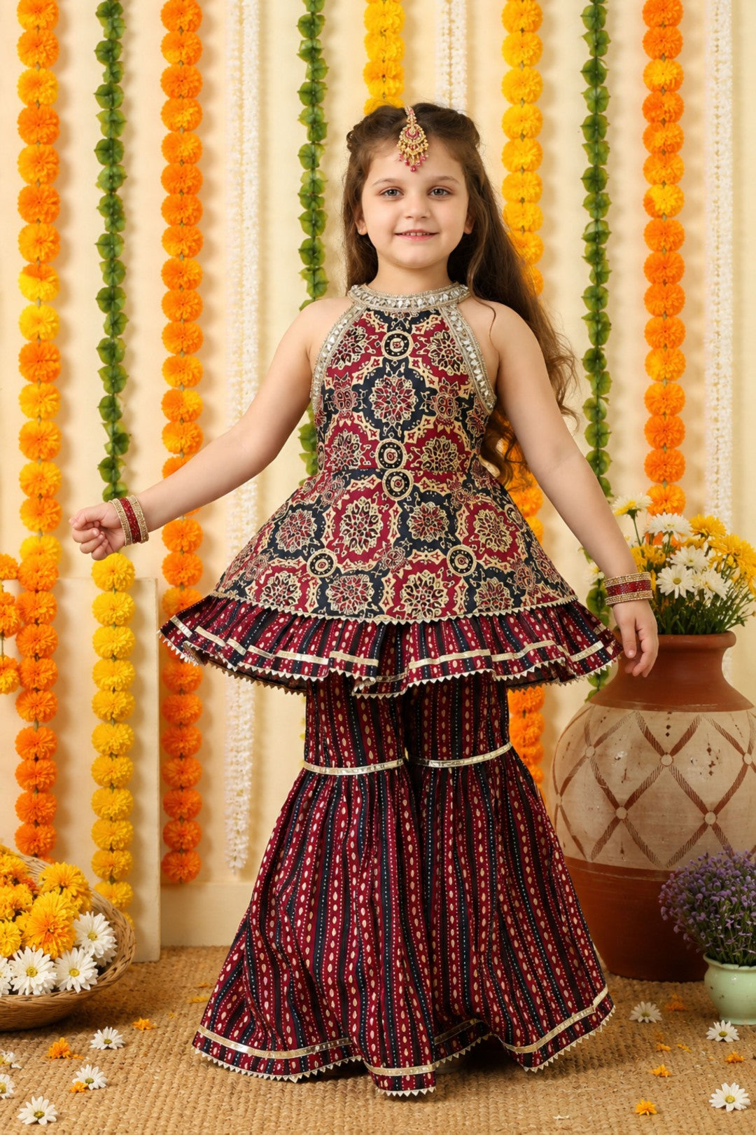 Girl's Burgundy Cotton All Over Printed Sharara Set