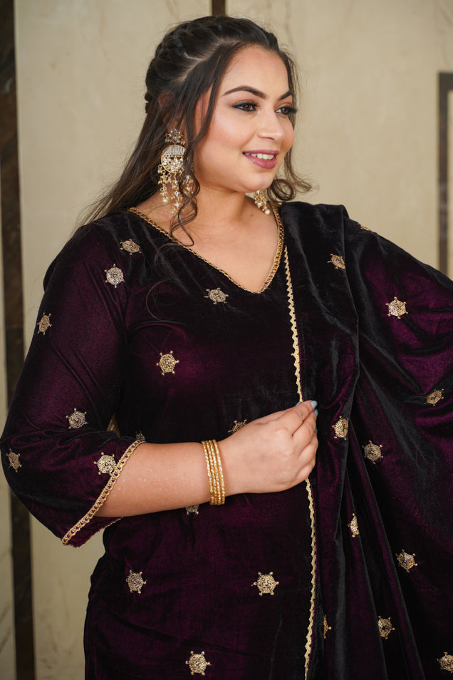 Women's Wine Velvet Embroidered Shawl - Nangalia Ruchira