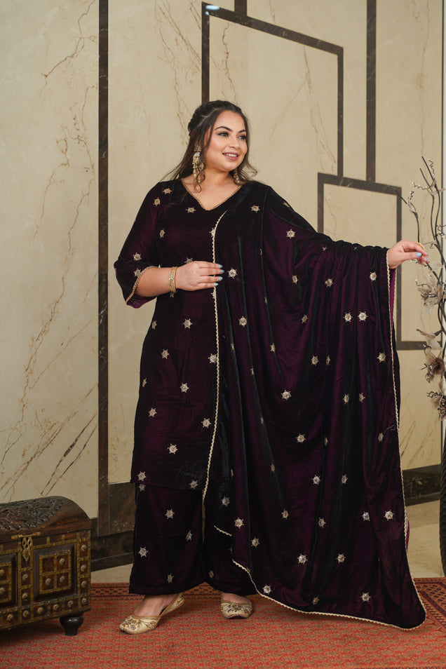 Women's Wine Velvet Embroidered Shawl - Nangalia Ruchira