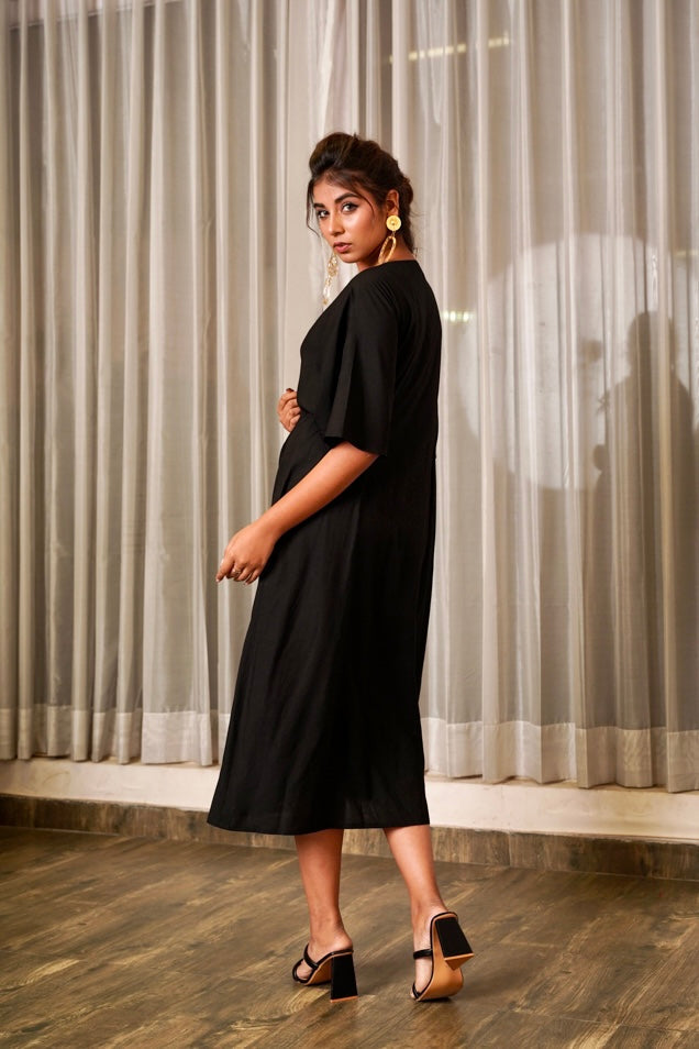 Women's Black Front Knot Satin Dress - Nangalia Ruchira