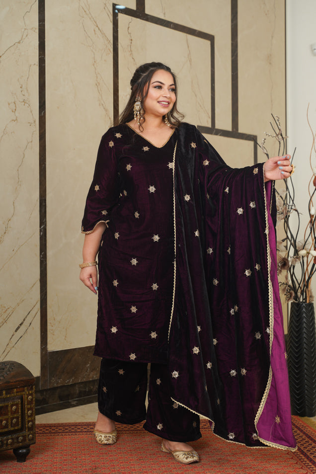 Women's Wine Velvet Embroidered Shawl - Nangalia Ruchira