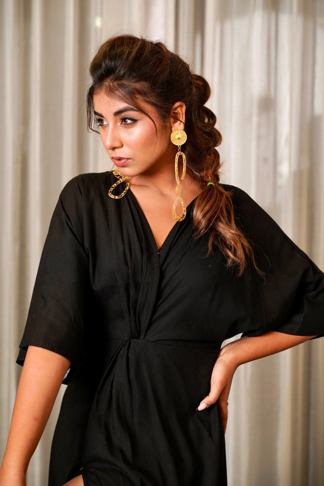 Women's Black Front Knot Satin Dress - Nangalia Ruchira
