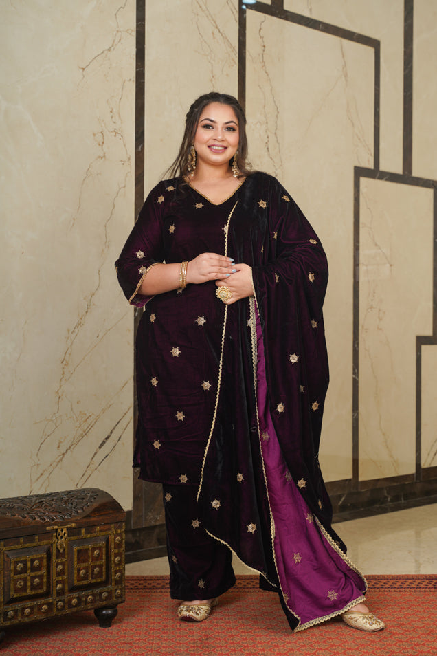 Women's Wine Velvet Embroidered Shawl - Nangalia Ruchira