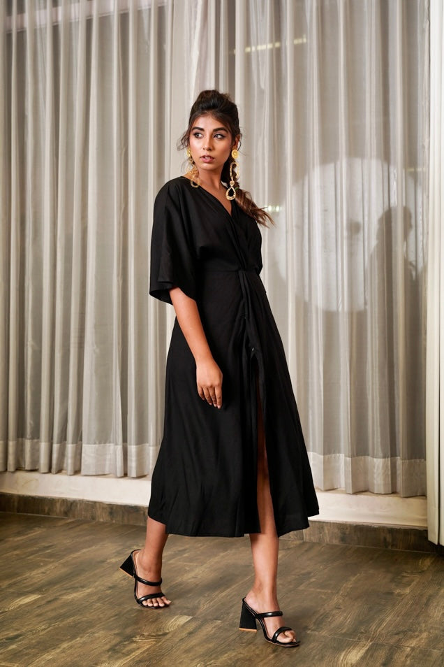 Women's Black Front Knot Satin Dress - Nangalia Ruchira