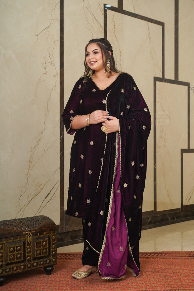 Women's Wine Velvet Embroidered Shawl - Nangalia Ruchira