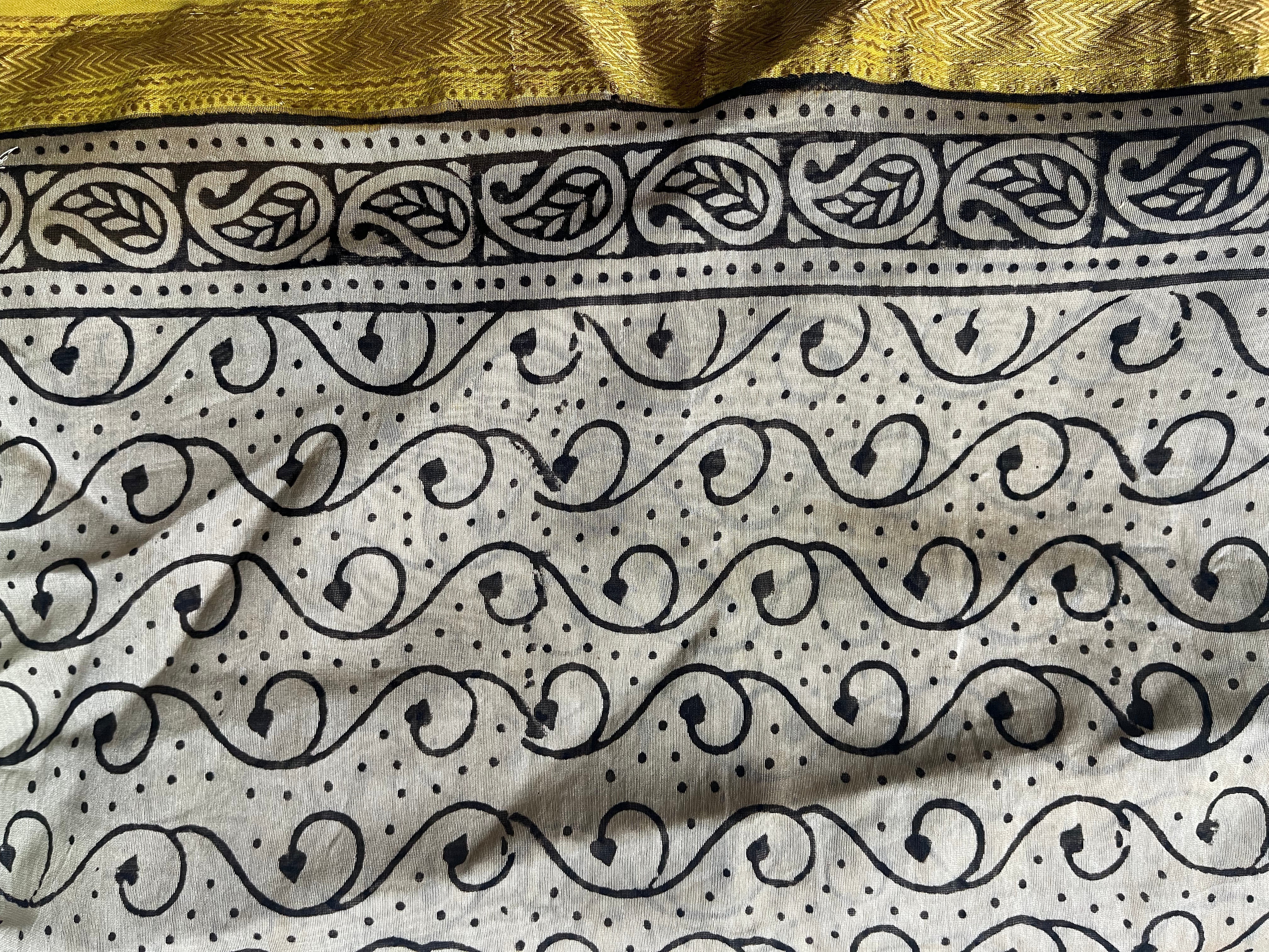 Women's Blue Mustard Bagru Saree - Nangalia Ruchira