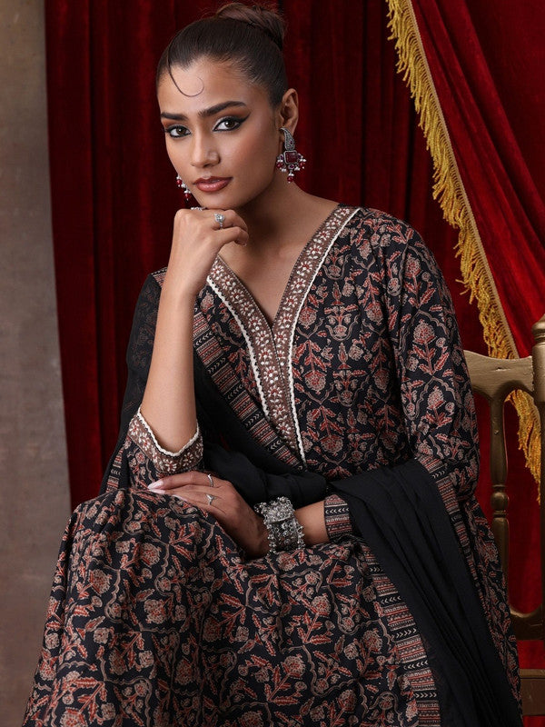 Women's Black Pure Cotton Printed Anarkali Palazzo Set – Trendia