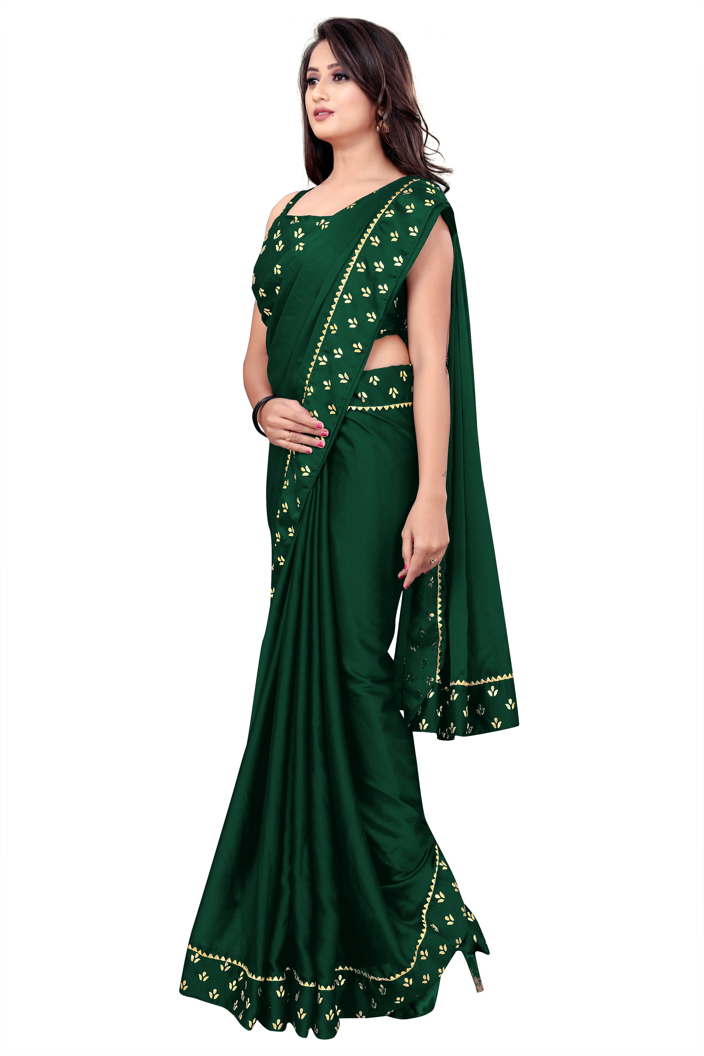 Women's Foil Emblishment Border Reception Wear Art Silk Saree With Foil Printed Blouse Piece(Green) - NIMIDHYA